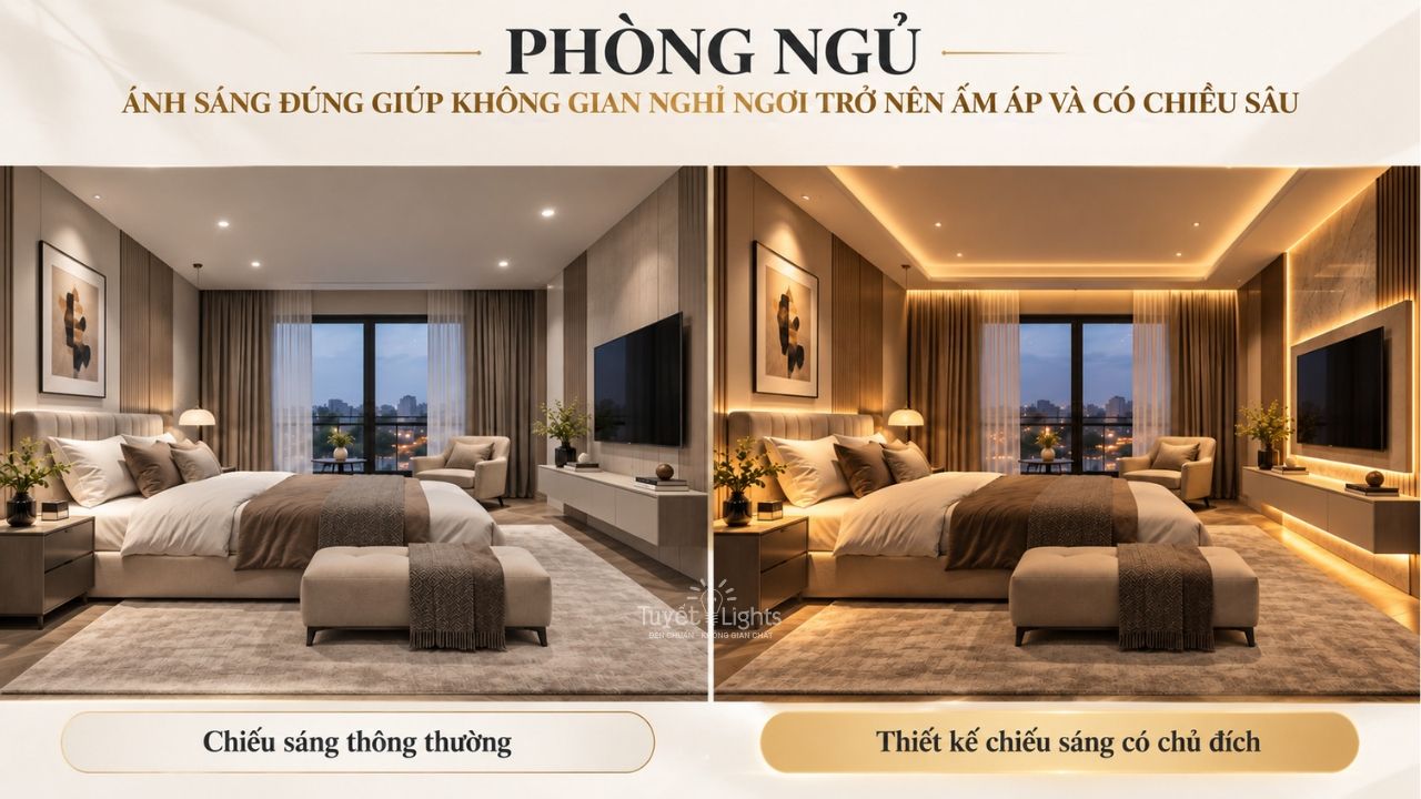 So sánh phòng ngủ với ánh sáng thông thường và thiết kế đèn chiếu sáng ấm áp có chủ đích